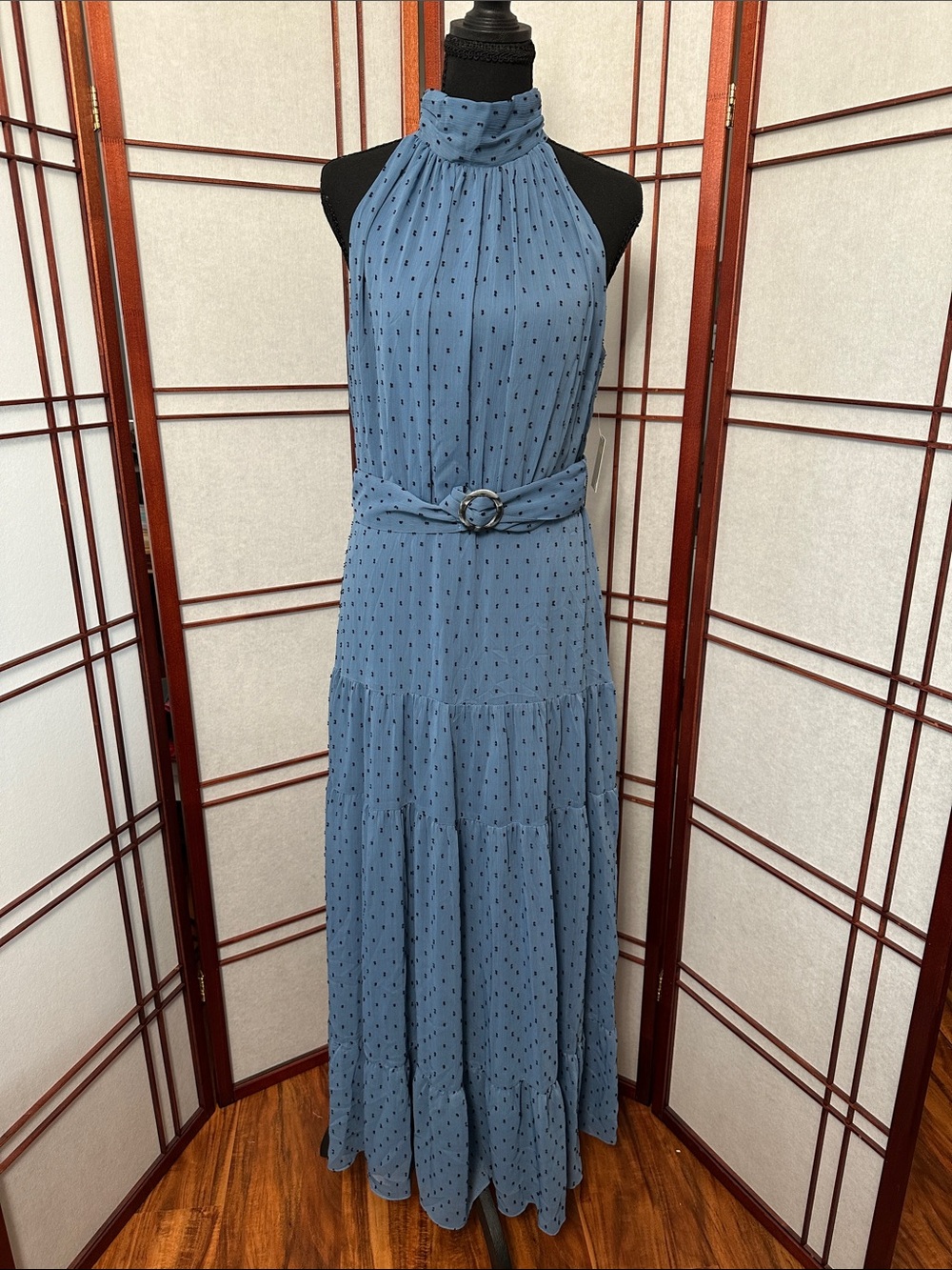 Sleeveless Blue Halter Maxi Dress with Belt